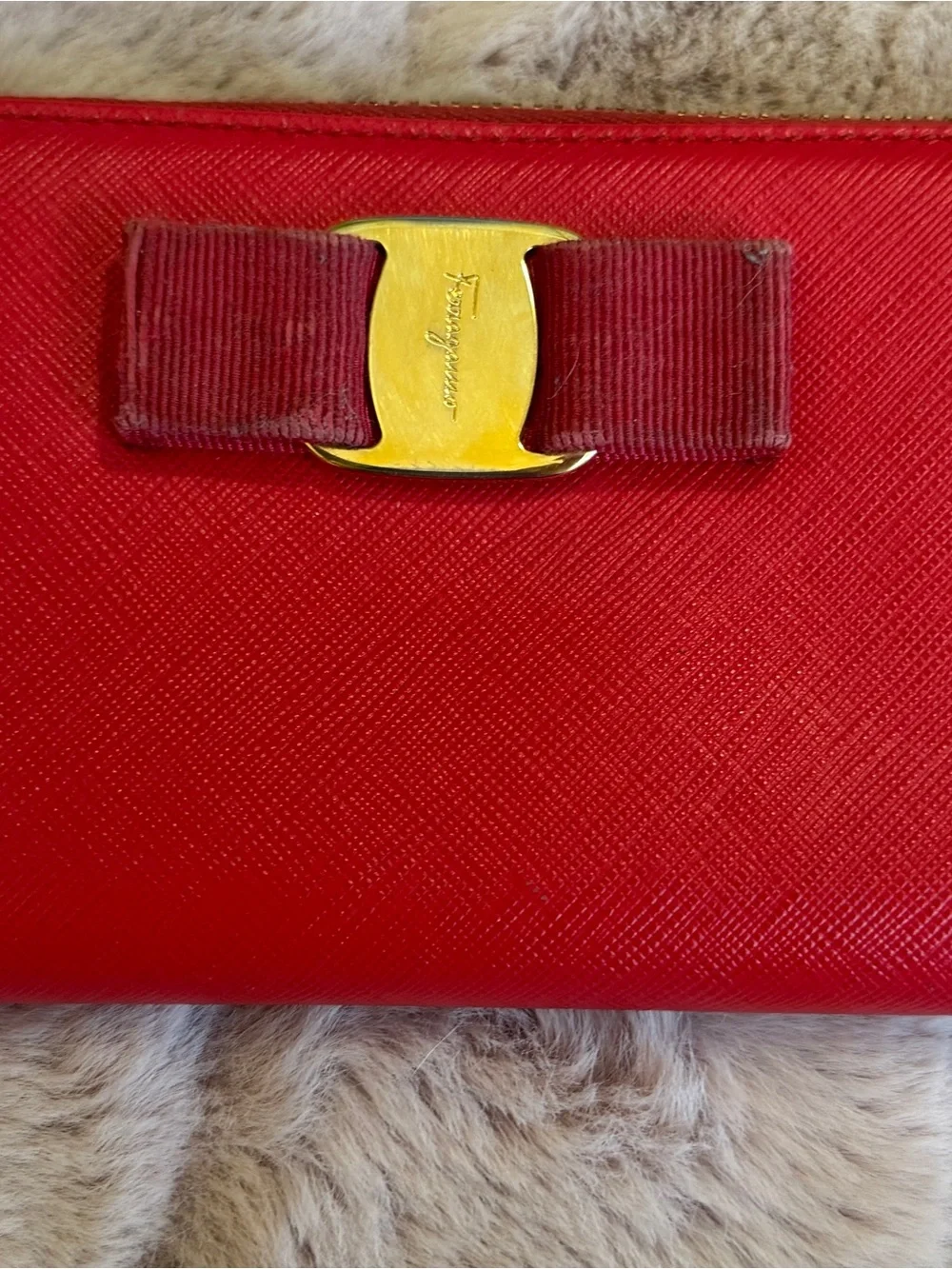 Salvatore Ferragamo Red Leather Vara Bow Wallet with Gold Hardware